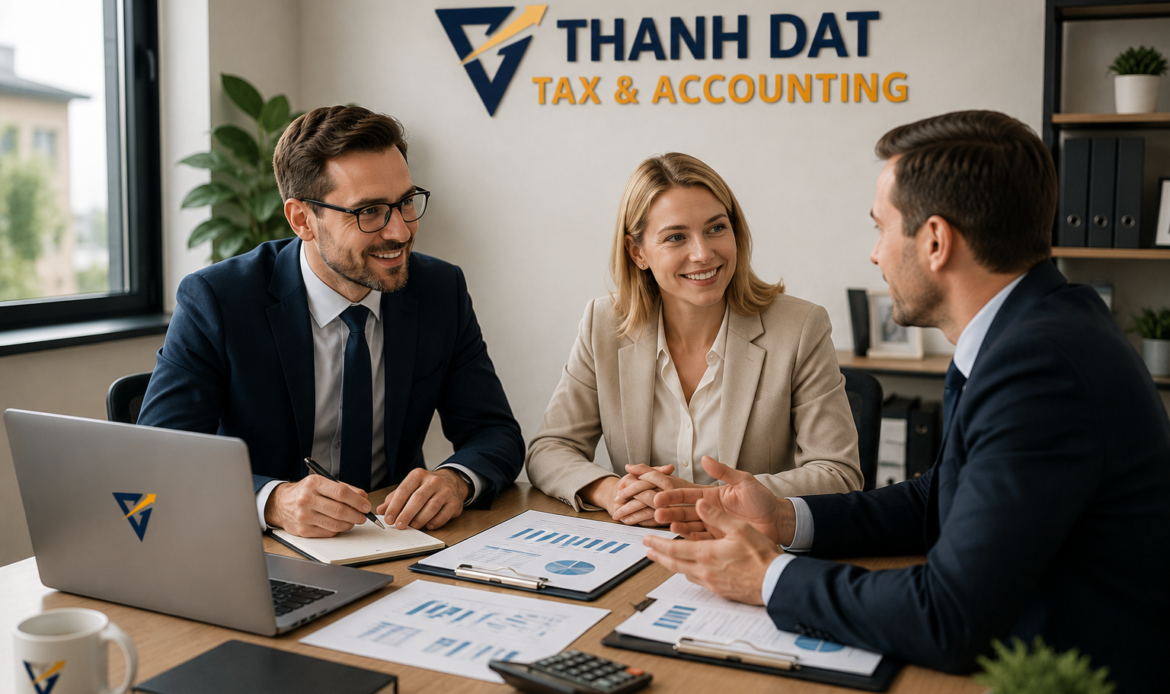 Business owners meeting with a tax advisor to discuss year-end business tax preparation, Profit and Loss review, and Individual and Business Tax planning at Thanh Dat Tax & Accounting.