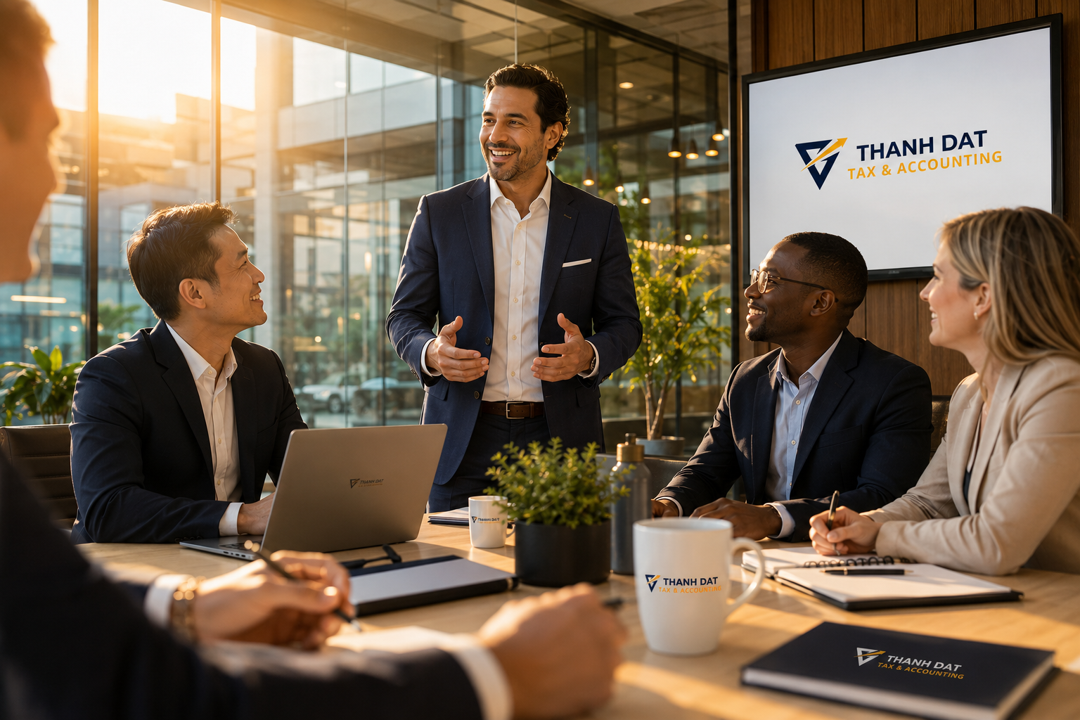 Professional team meeting at Thanh Dat Tax & Accounting office, with a smiling consultant standing and presenting to colleagues seated around a conference table with laptops, notebooks, and company-branded mugs.
