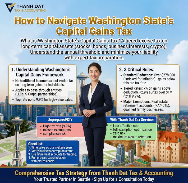 Professional infographic titled "How to Navigate Washington State’s Capital Gains Tax". Features a woman in business attire standing in front of Seattle skyline. Content covers: definition of the tax, framework for individuals and pass-through entities, standard deduction over $278,000, tiered tax rates (7% and 9.9%), major exemptions, comparison between unprepared vs using Thanh Dat Tax Services, and a 4-step checklist for minimizing tax liability.