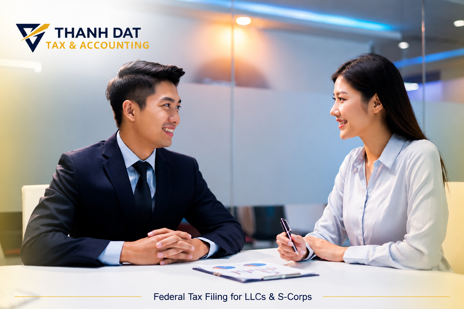 Tax consultant meeting with a client about federal tax filing for LLCs and S-Corps.
