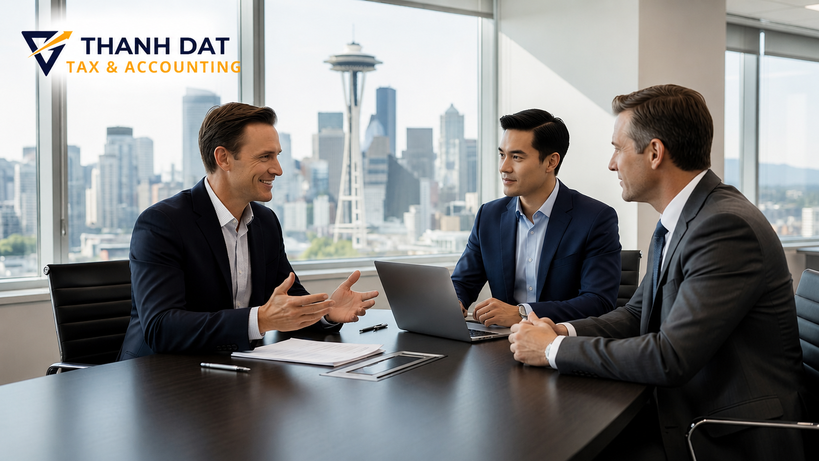 Vietnamese tax expert discussing Seattle B&O Tax with two foreign businessmen in a modern office