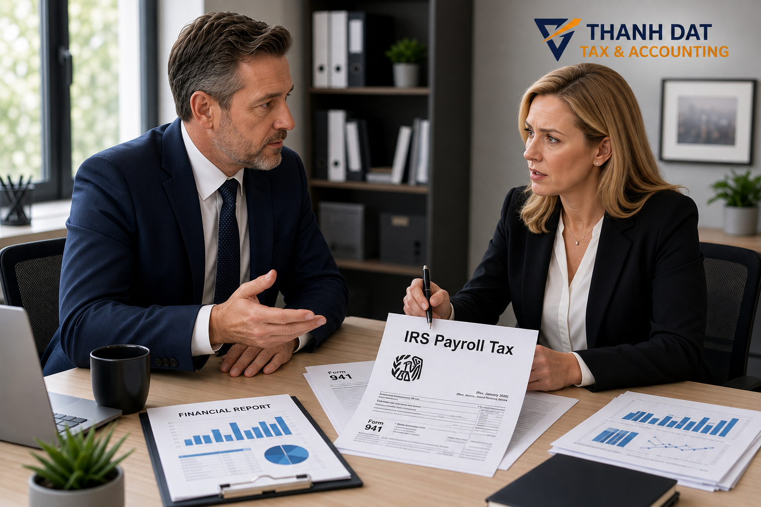 Two professional consultants discussing IRS payroll tax documents with Thanh Dat Tax & Accounting logo