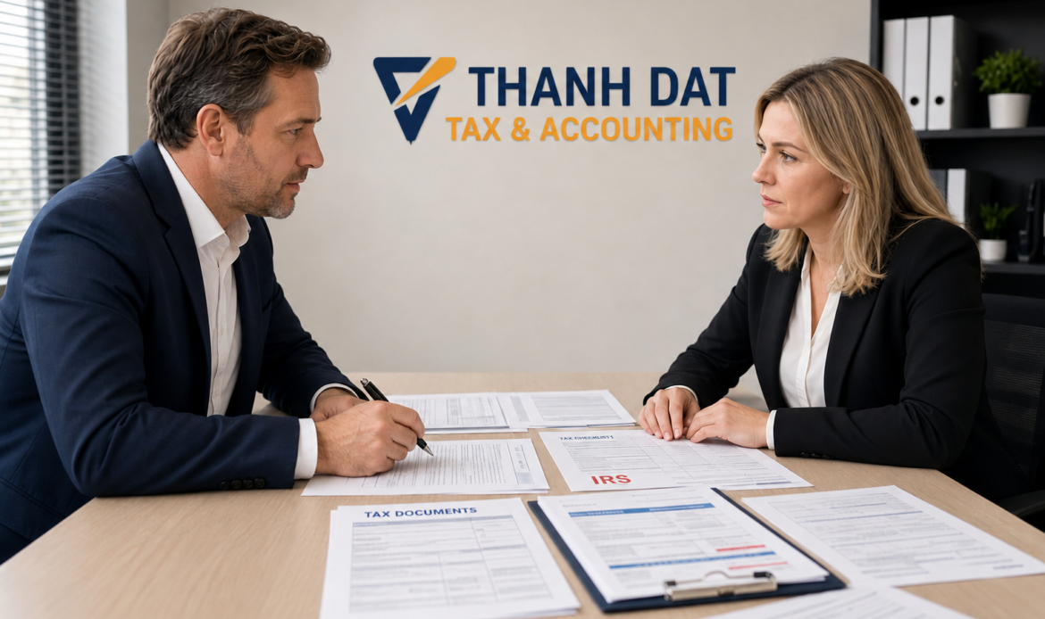 Two foreign tax professionals discussing IRS tax documents at Thanh Dat Tax & Accounting office