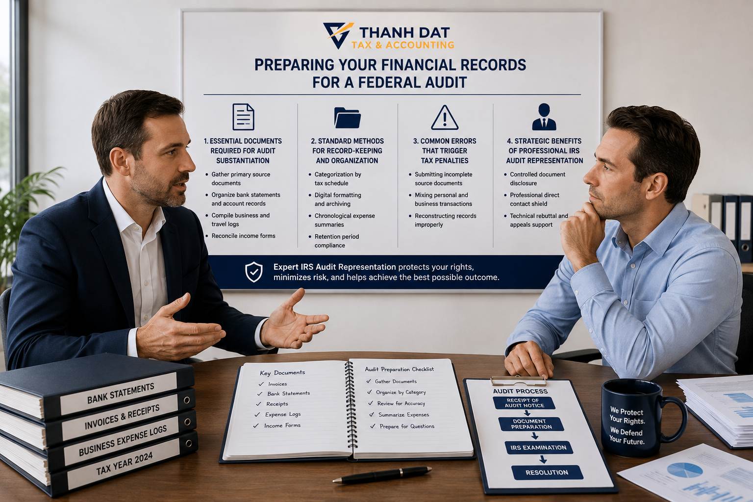 Two professionals discussing financial records and IRS audit preparation in a corporate tax and accounting office.