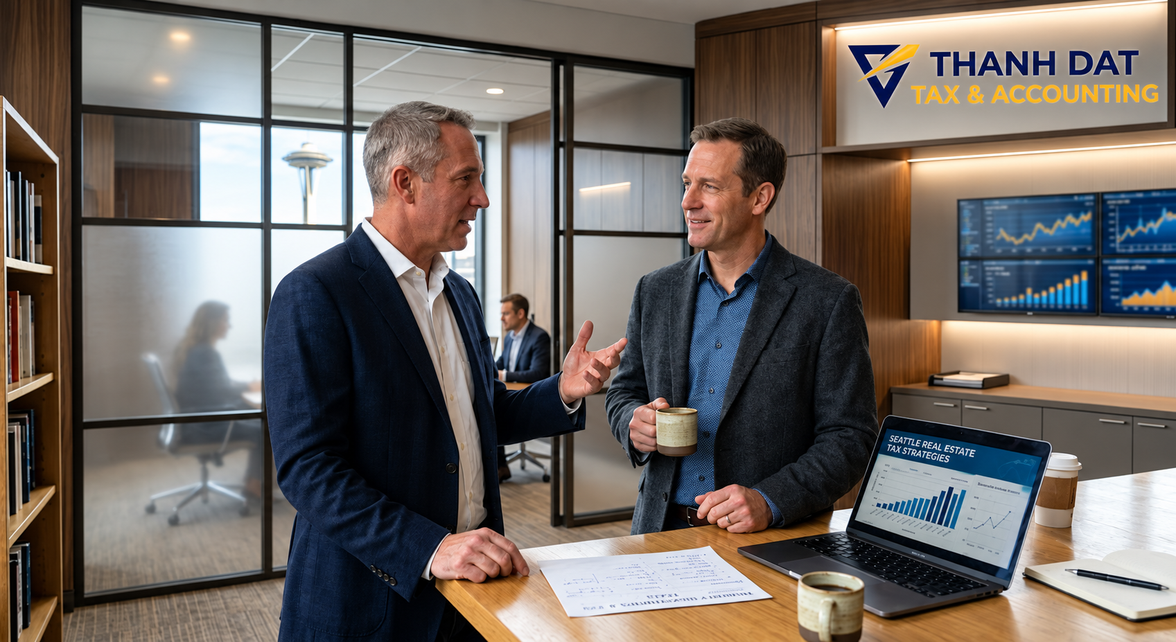 Two professionals discussing real estate tax planning strategies for Seattle property investors.
