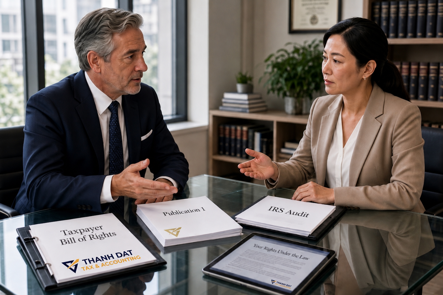 Foreign businessman and professional woman discussing Taxpayer Bill of Rights, Publication 1, and IRS Audit rights – Thanh Dat Tax & Accounting