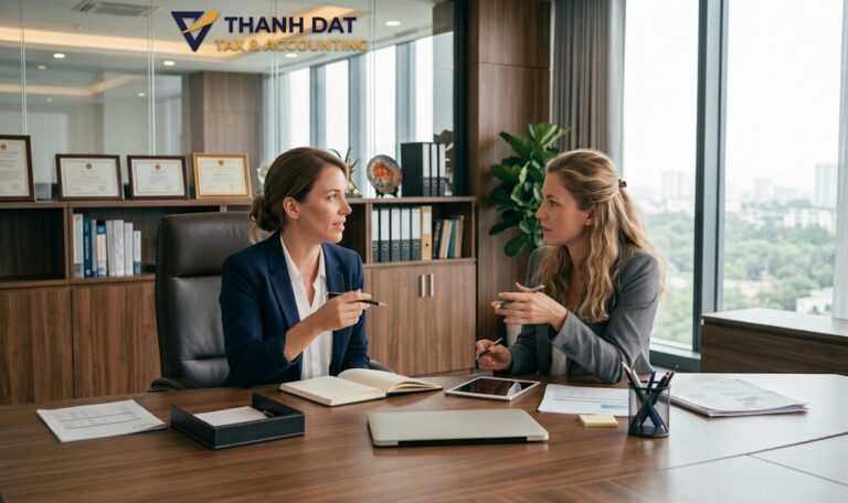 Two financial advisors discussing wealth transfer and tax planning strategies in a professional office.