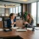 Two financial advisors discussing wealth transfer and tax planning strategies in a professional office.