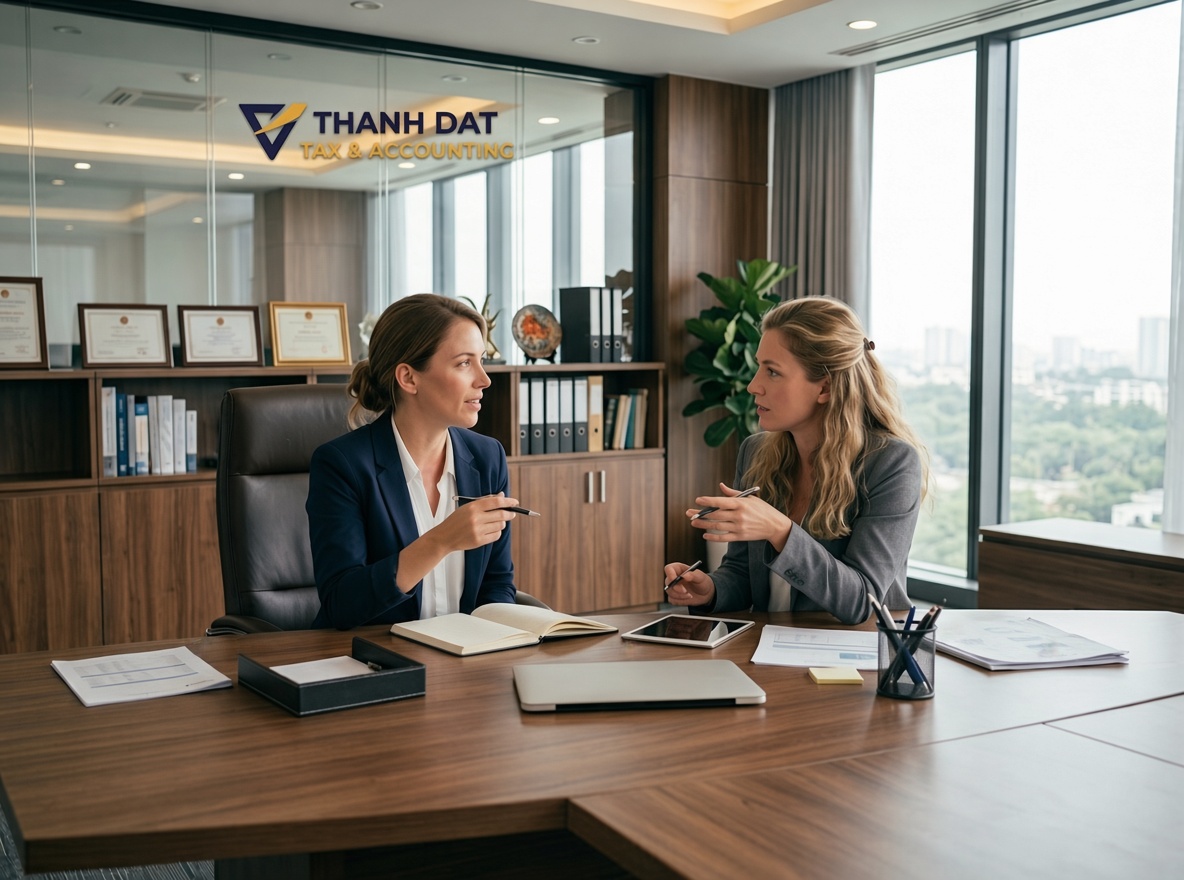 Two financial advisors discussing wealth transfer and tax planning strategies in a professional office.