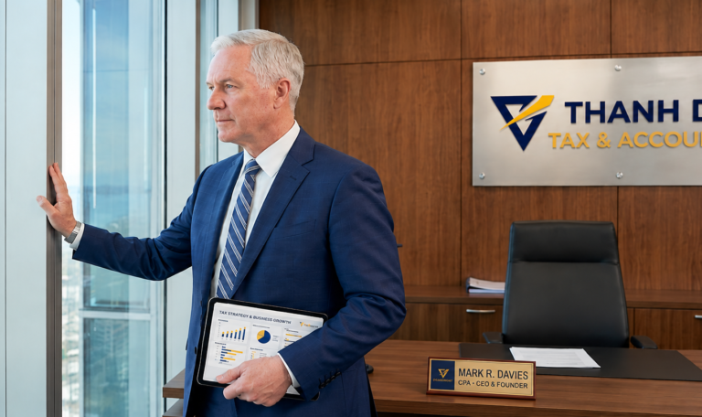 Mark R. Davies, CEO of Thanh Dat Tax & Accounting, looking out a high-rise office window at a city. He holds a financial tablet.