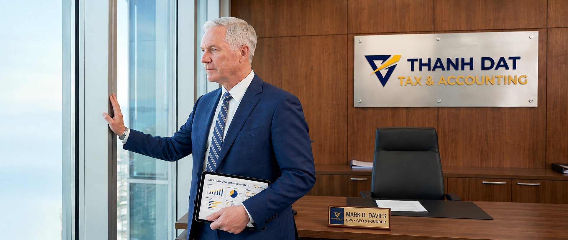 Mark R. Davies, CEO of Thanh Dat Tax & Accounting, looking out a high-rise office window at a city. He holds a financial tablet.