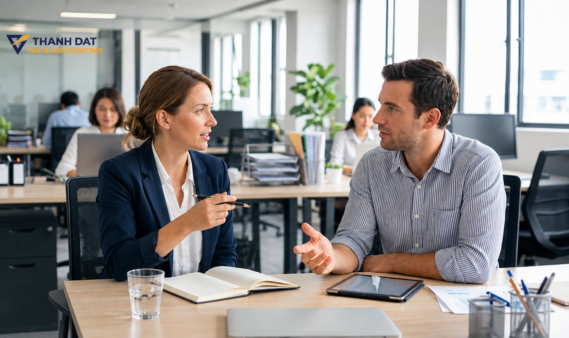 Two financial advisors discussing wealth transfer and estate tax planning with a client in the Thanh Dat Tax & Accounting office.