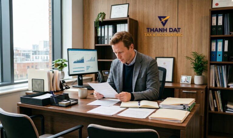 Businessman reviewing tax reports and payroll services documents at Thanh Dat Tax & Accounting office.