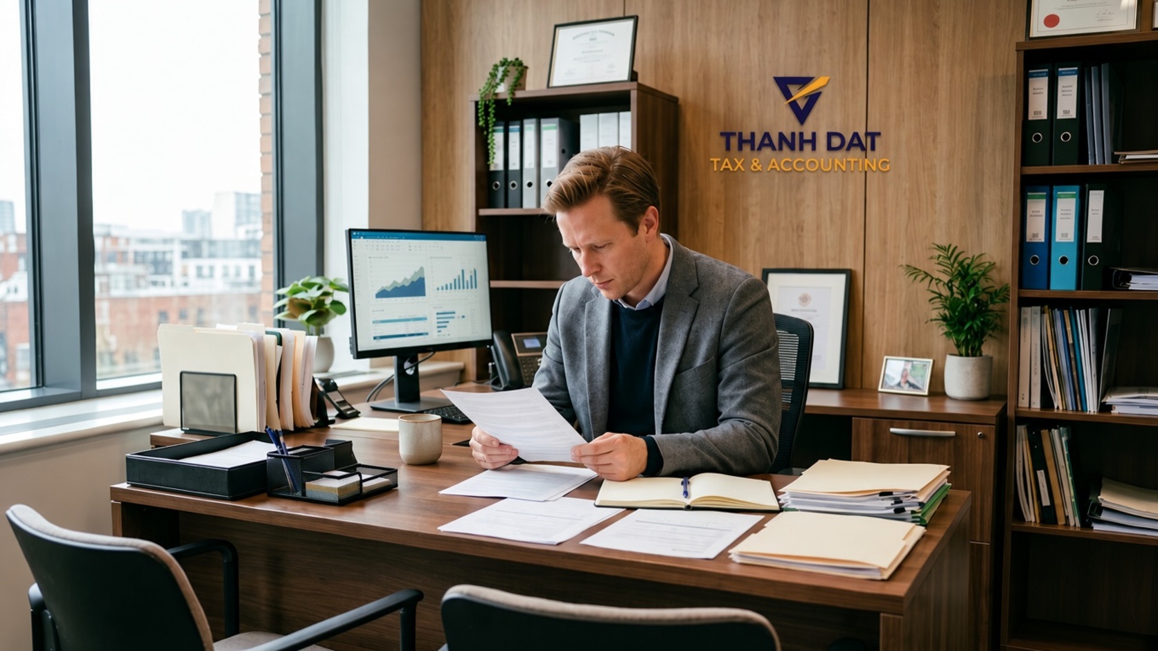 Businessman reviewing tax reports and payroll services documents at Thanh Dat Tax & Accounting office.