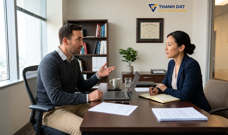 Private consultation between a business advisor and a client discussing worker misclassification risks and On-Time Payroll services.