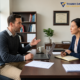 Private consultation between a business advisor and a client discussing worker misclassification risks and On-Time Payroll services.
