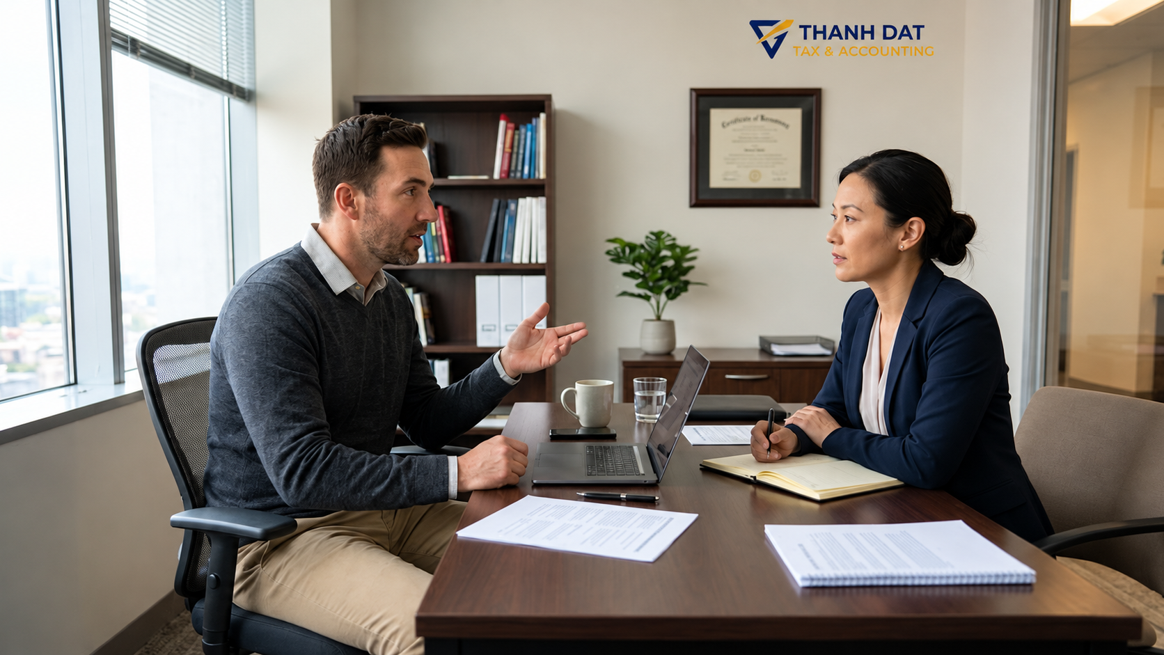 Private consultation between a business advisor and a client discussing worker misclassification risks and On-Time Payroll services.
