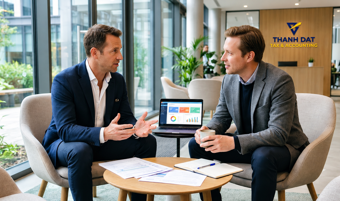 Business owner consulting with a tax expert about outsourcing payroll services.