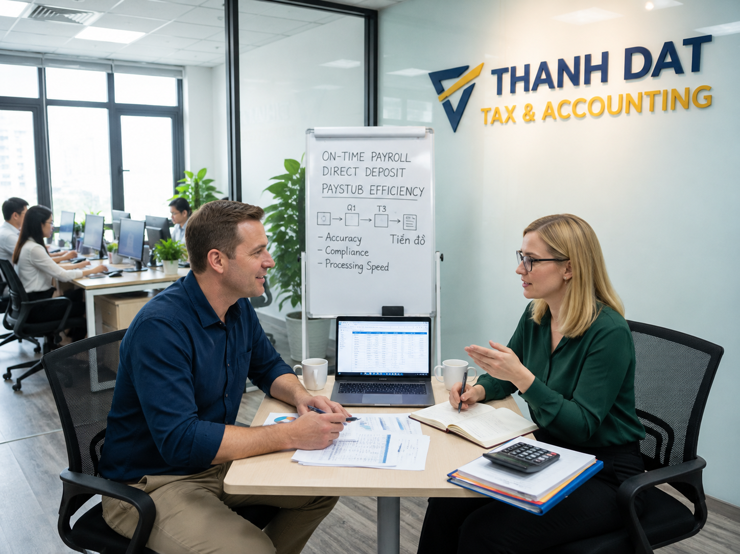 Two professionals discussing On-Time Payroll processing and direct deposit strategies at the Thanh Dat Tax office.
