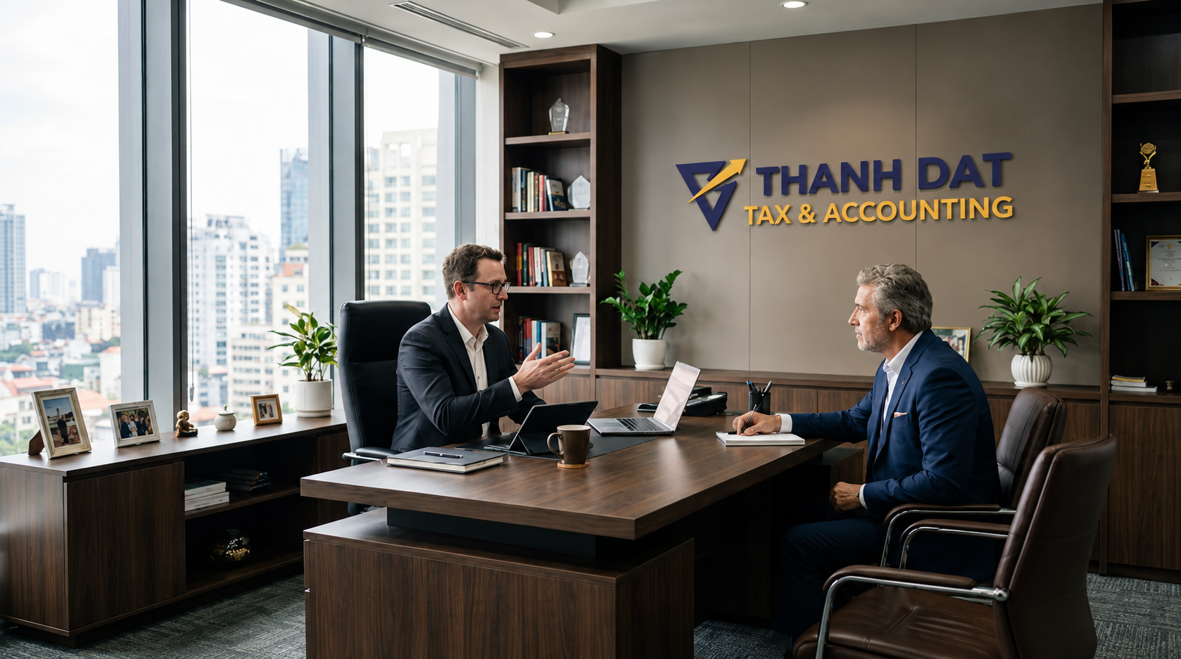 Two executives discussing employer duties and payroll services for Washington PFML
