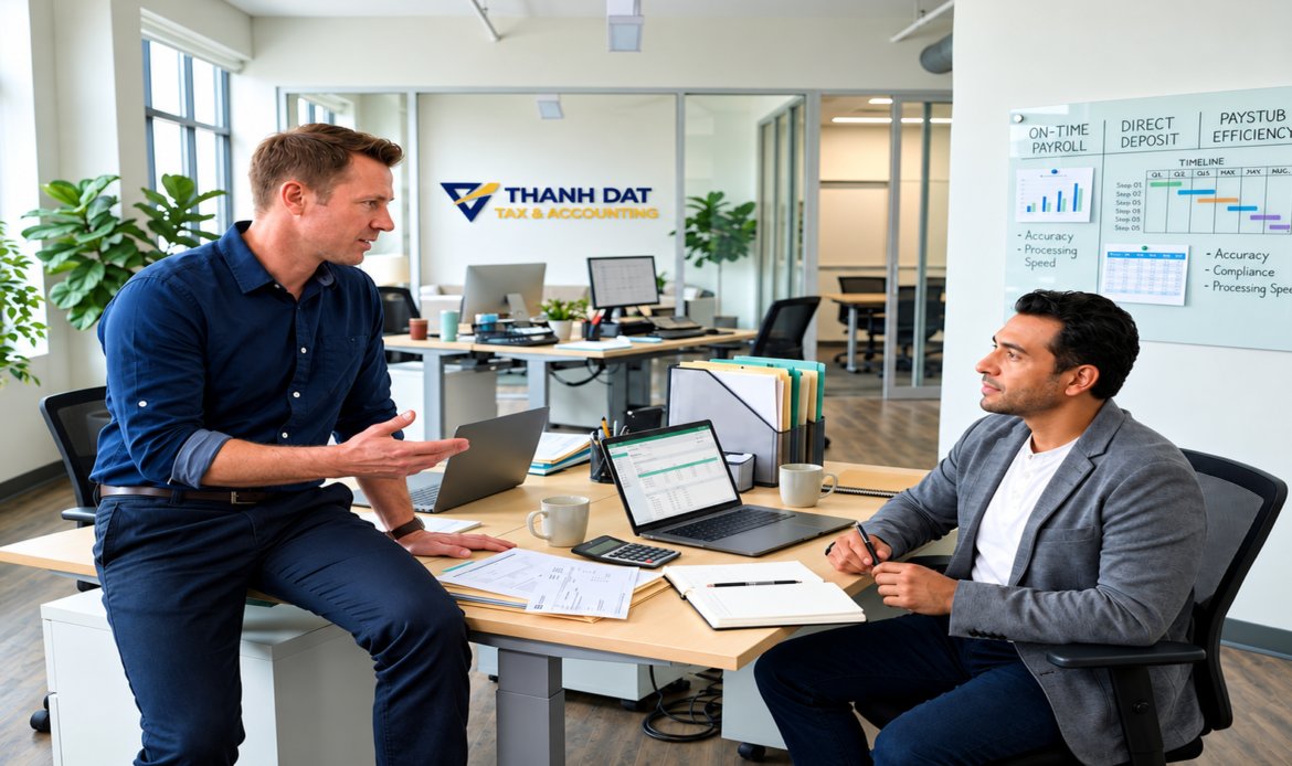 A small business owner and a financial consultant reviewing payroll processing, direct deposit strategies, and earnings statements